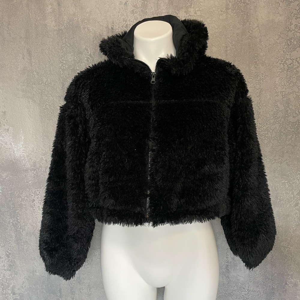 BDG Fuzzy Black Hooded Zip up Jacket